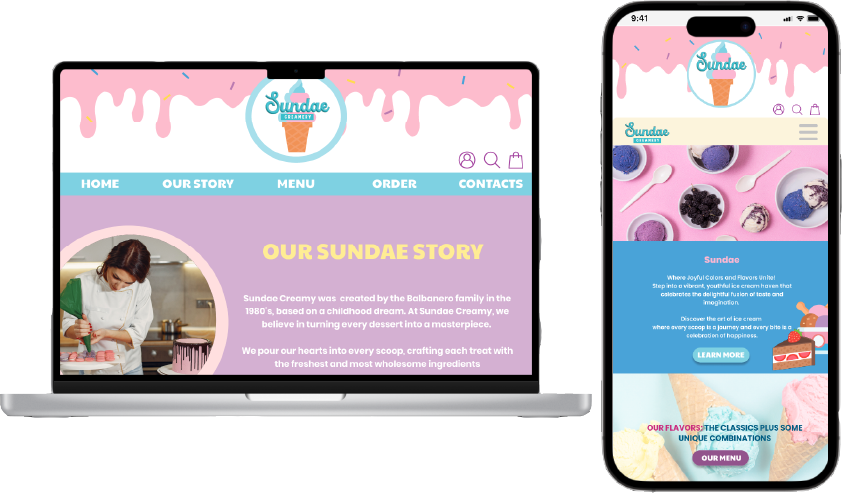 Desktop and Mobile Prototype of Sundae Creamery (Homepage and Our Story Page)